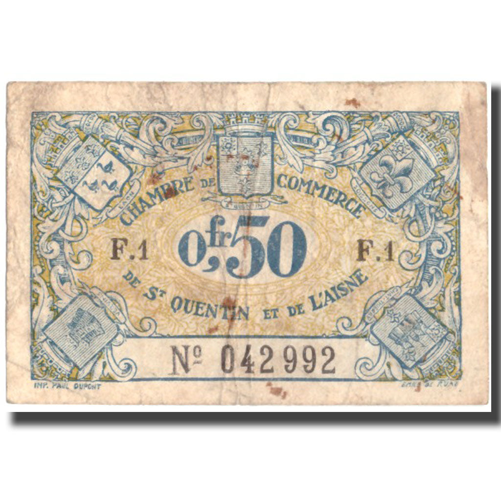 France, Saint-Quentin, 50 Centimes, 1918, VF(20-25), Pirot:116-1
