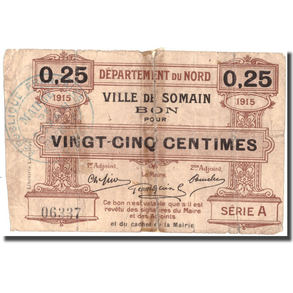 France, Somain, 25 Centimes, 1915, VG(8-10)