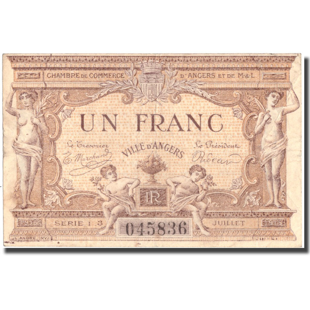 France, Angers, 1 Franc, 1915, AU(55-58), Pirot:8-11