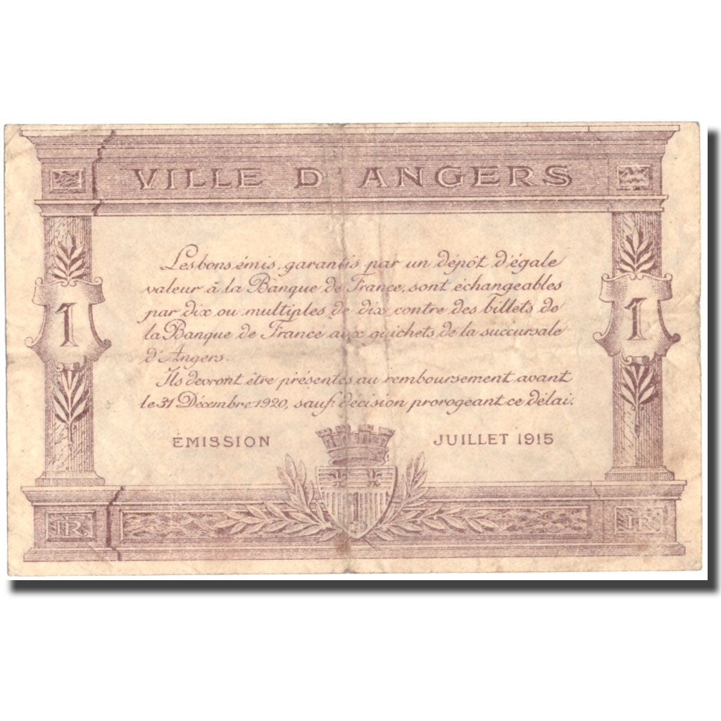 France, Angers, 1 Franc, 1915, AU(55-58), Pirot:8-11