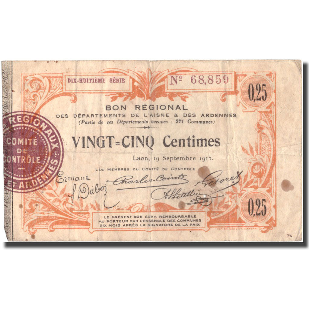 France, Laon, 25 Centimes, 1915, VF(30-35), Pirot:02-1300