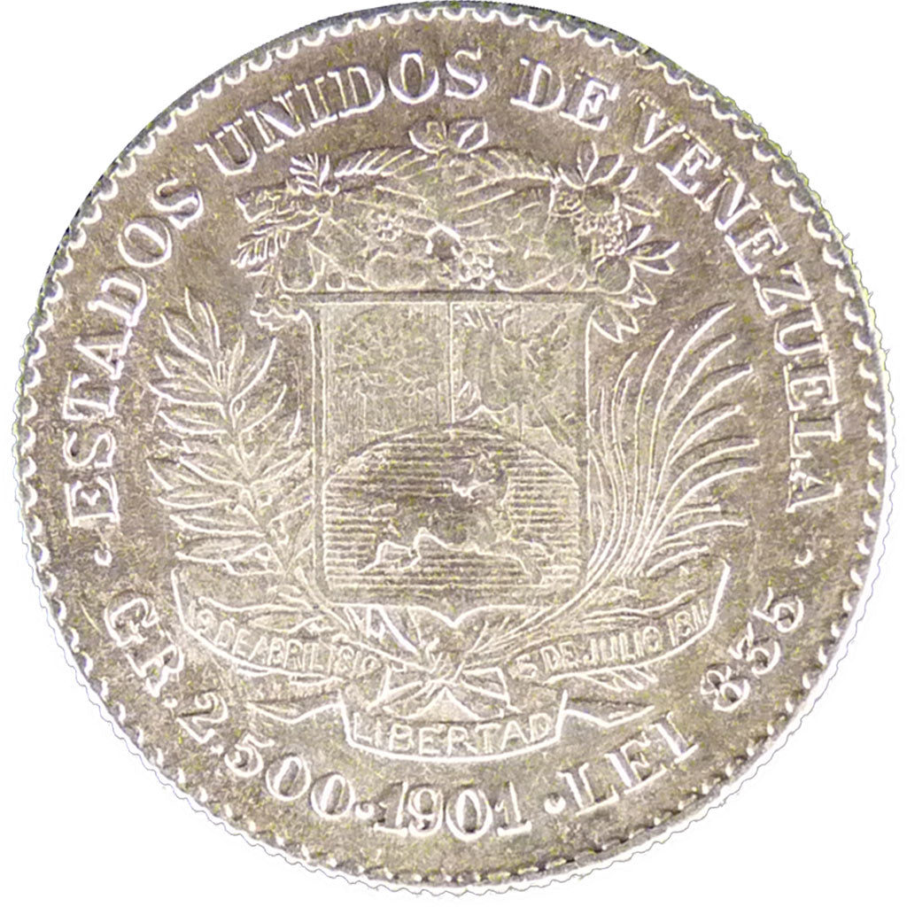 Venezuela, 1/2 Bolivar, 1901, AU(50-53), Silver, 2.60