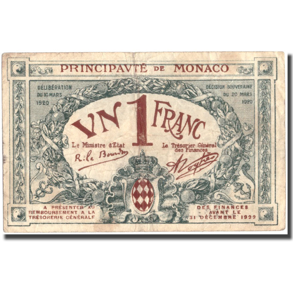 Banconote, Monaco, 1 Franc, N.D, 1920, 1920-03-20, MB
