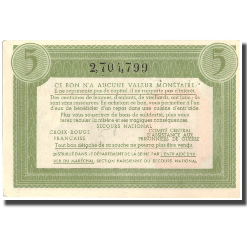 France, Bon de Solidarité, 5 Francs, 1941, AU(55-58)