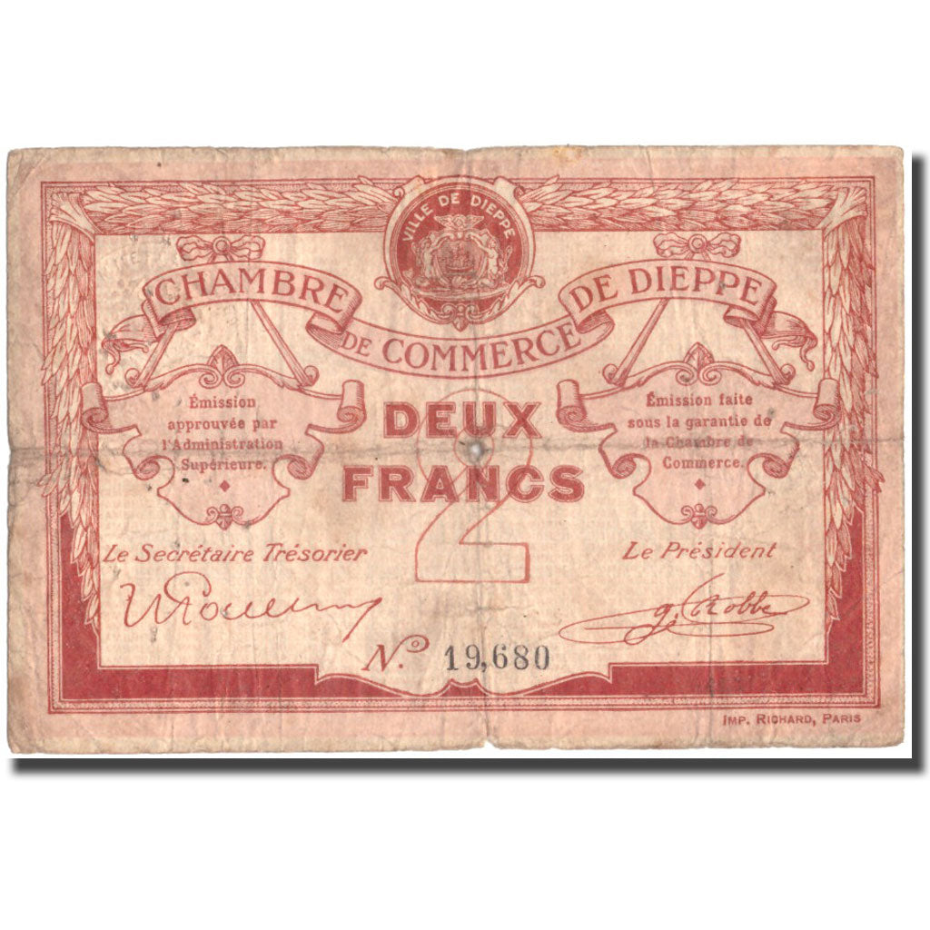 France, Dieppe, 2 Francs, 1918, VF(20-25)