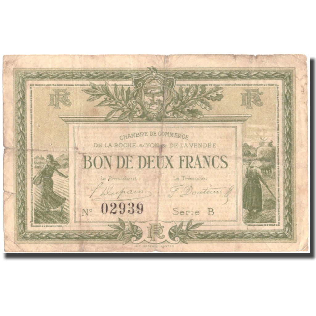 France, La Roche-sur-Yon, 2 Francs, 1915, VF(20-25)