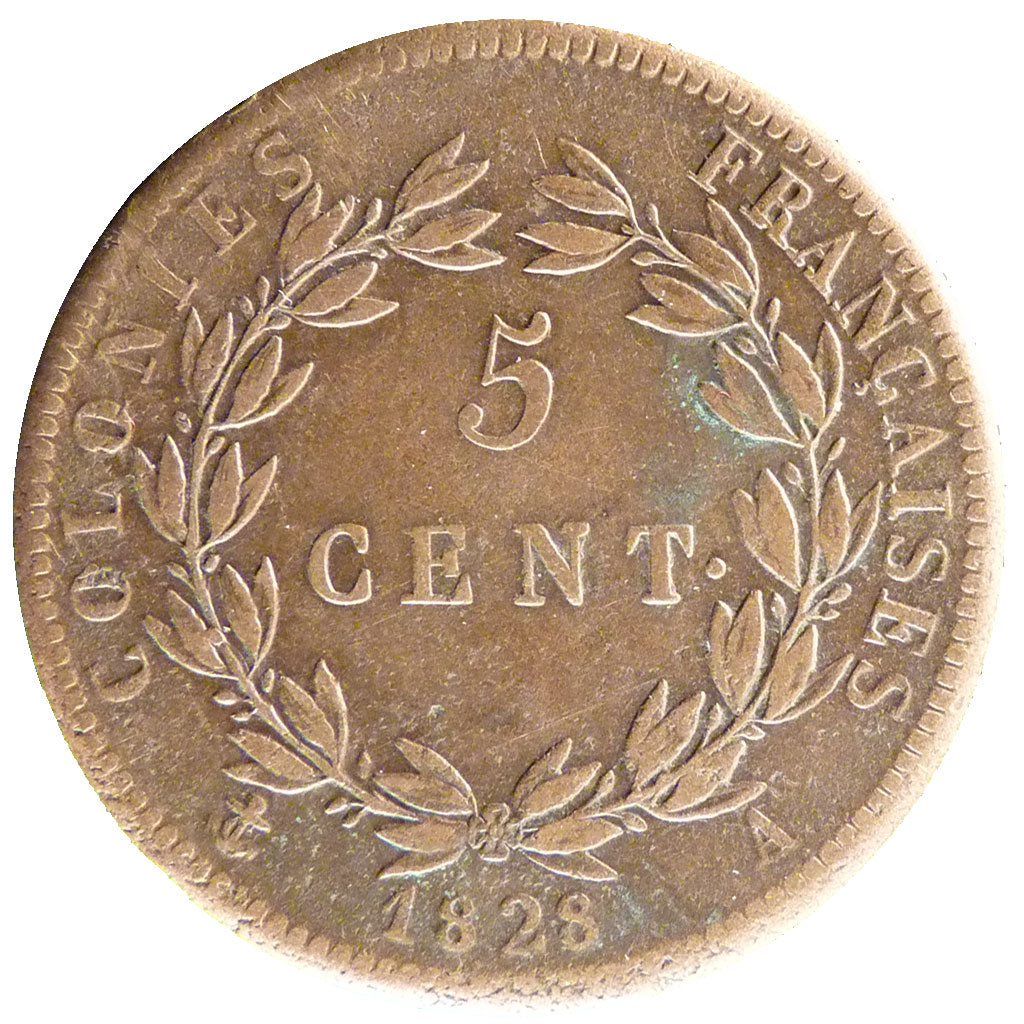 General Colony, 5 Centimes, 1828, Paris, AU(50-53), Bronze, Lecompte #300, 10.30