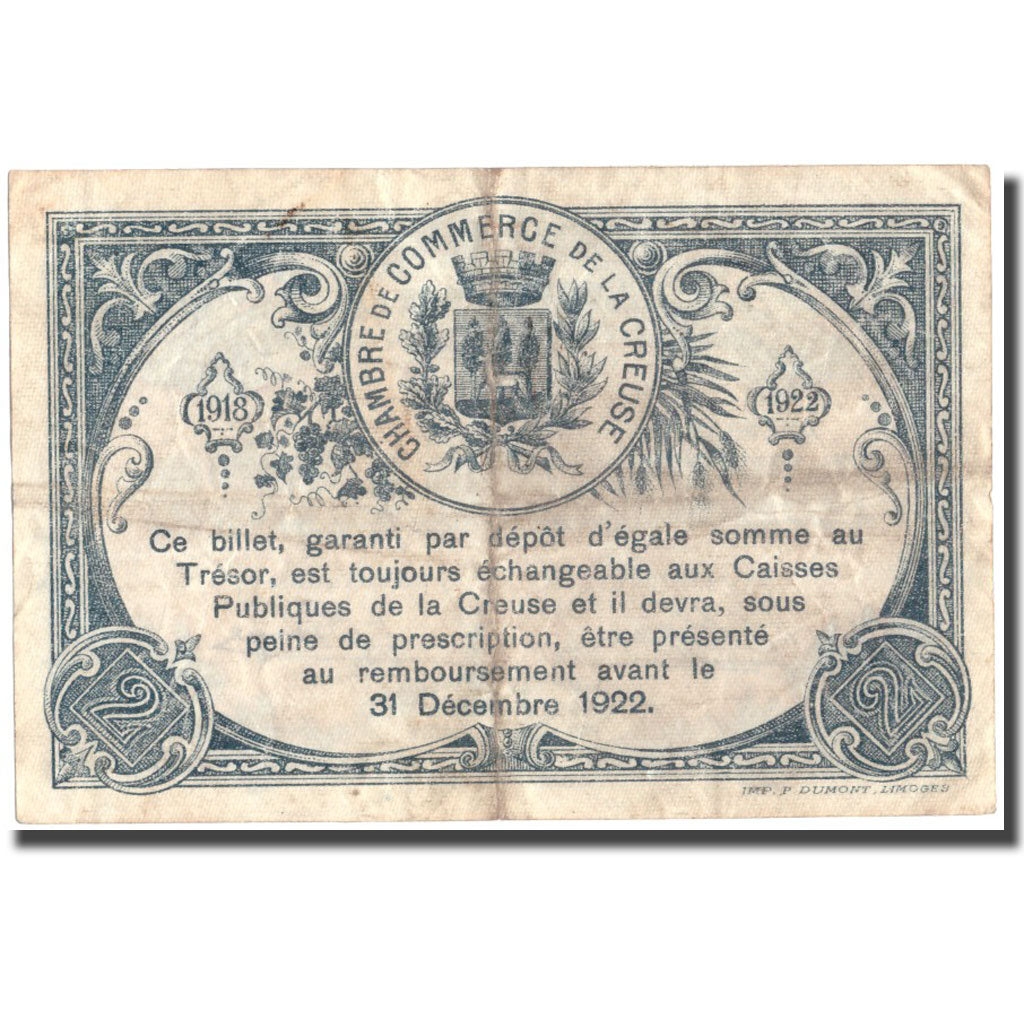 France, La Creuse, 2 Francs, 1918, EF(40-45)