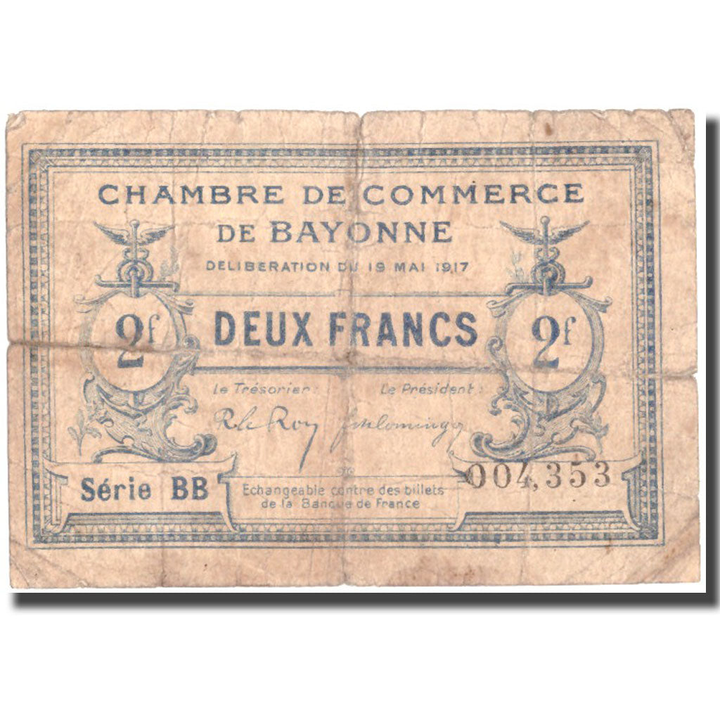 France, Bayonne, 2 Francs, 1917, TB, Pirot:21-36