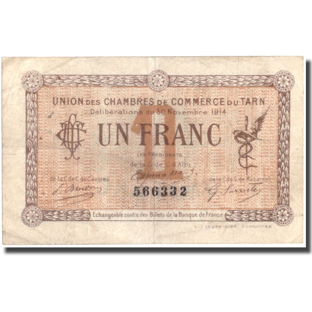 France, Tarn, 1 Franc, 1914, AU(50-53), Pirot:5-5