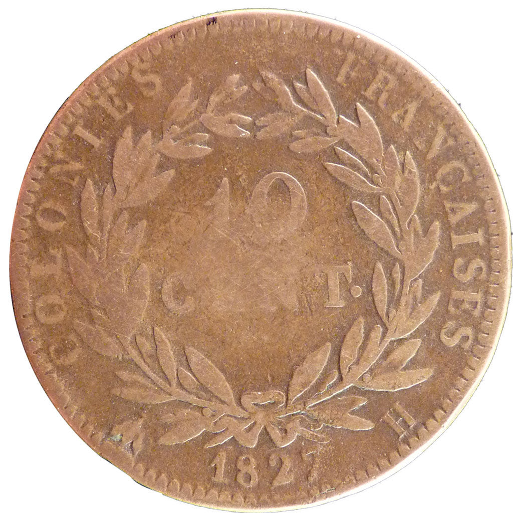 General Colony, 10 Centimes, 1827, La Rochelle, VF(20-25), Bronze, Lecompte...