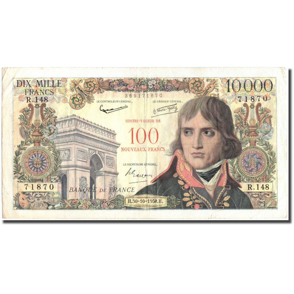 France, 100 Nouveaux Francs on 10,000 Francs, 1955-1959 Overprinted with
