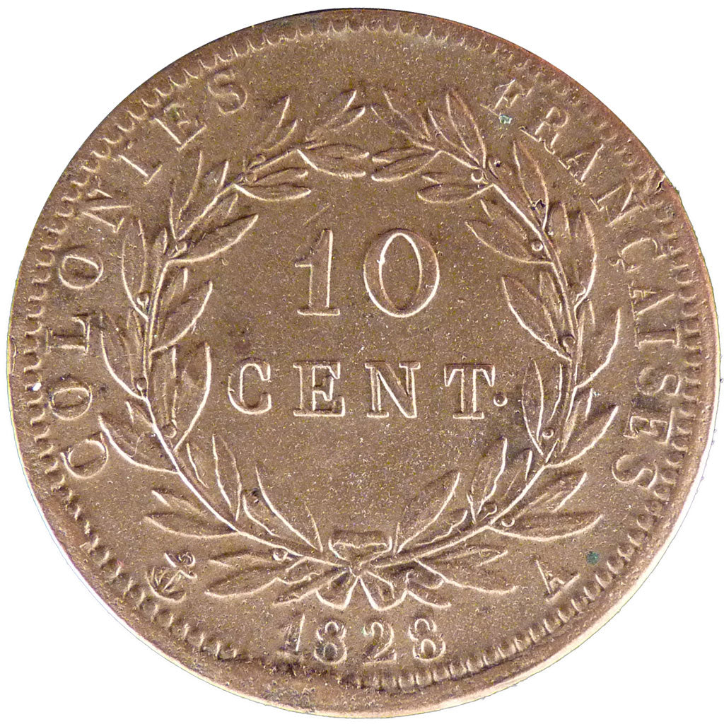 General Colony, 10 Centimes, 1828, Paris, AU(50-53), Bronze, Lecompte #306,...