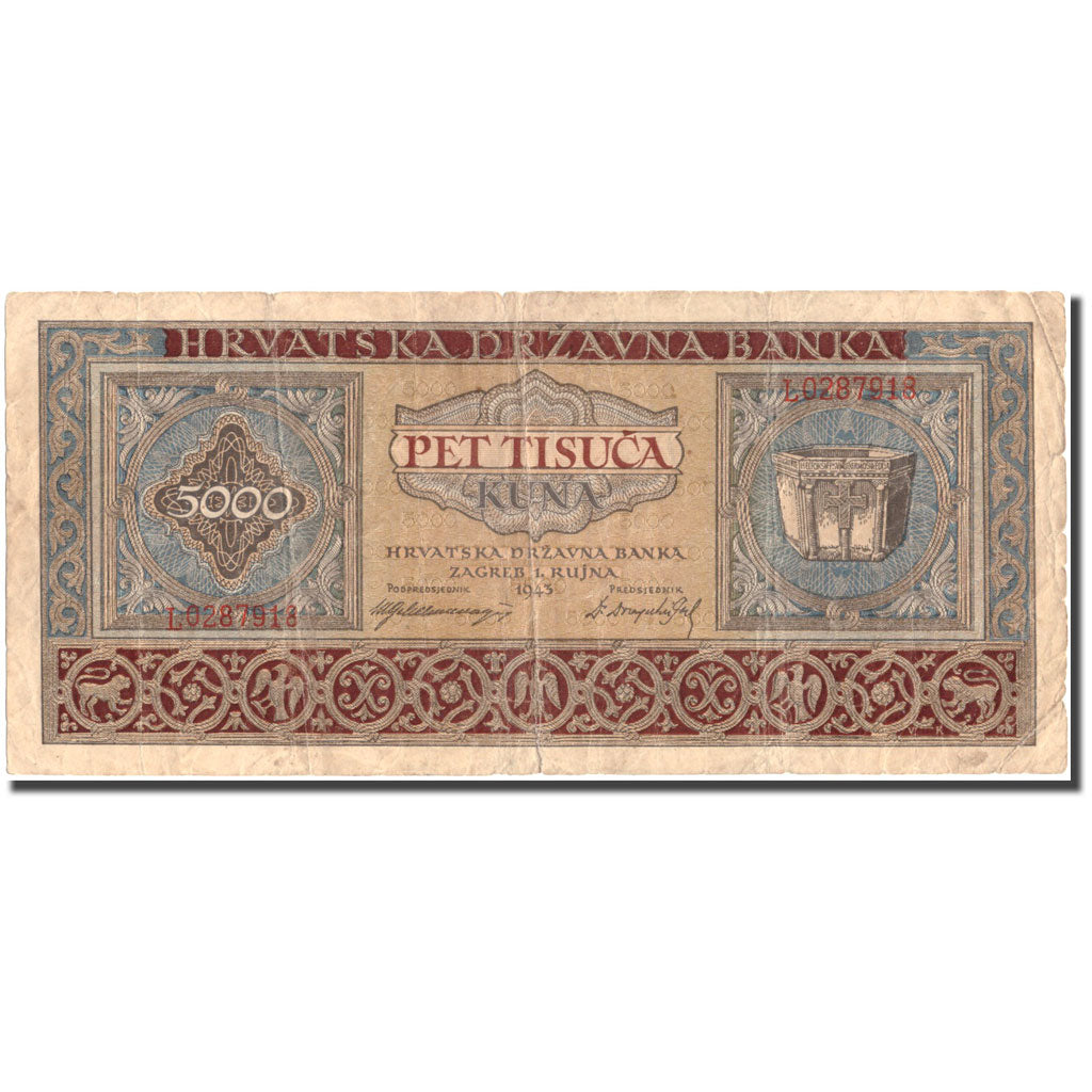 Banknote, Croatia, 5000 Kuna, 1943, 1943-09-01, KM:13a, VF(30-35)