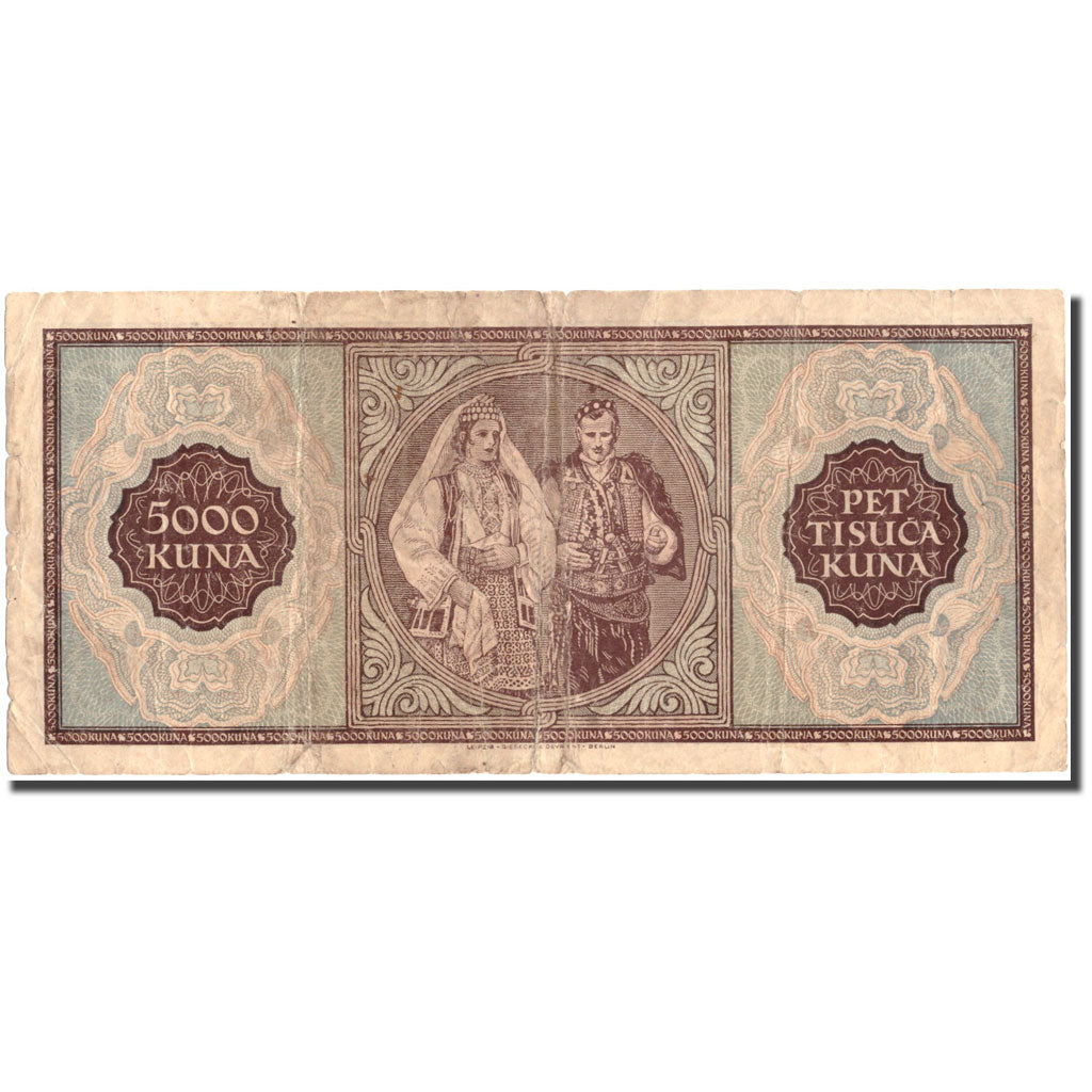 Banknote, Croatia, 5000 Kuna, 1943, 1943-09-01, KM:13a, VF(30-35)