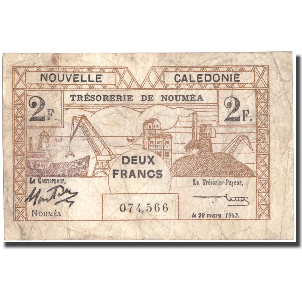 Banknote, New Caledonia, 2 Francs, 1943, 1943-03-29, KM:56a, VF(30-35)
