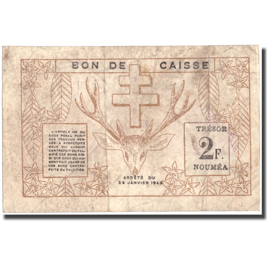 Banknote, New Caledonia, 2 Francs, 1943, 1943-03-29, KM:56a, VF(30-35)