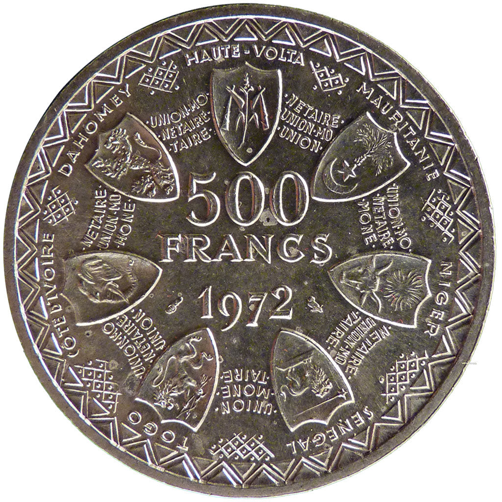 West Africa, 500 Francs, 1972, AU(55-58), Silver, 25.00