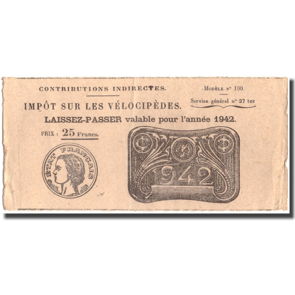 France, Impôt sur les vélos, 25 Francs, 1942, AU(50-53)