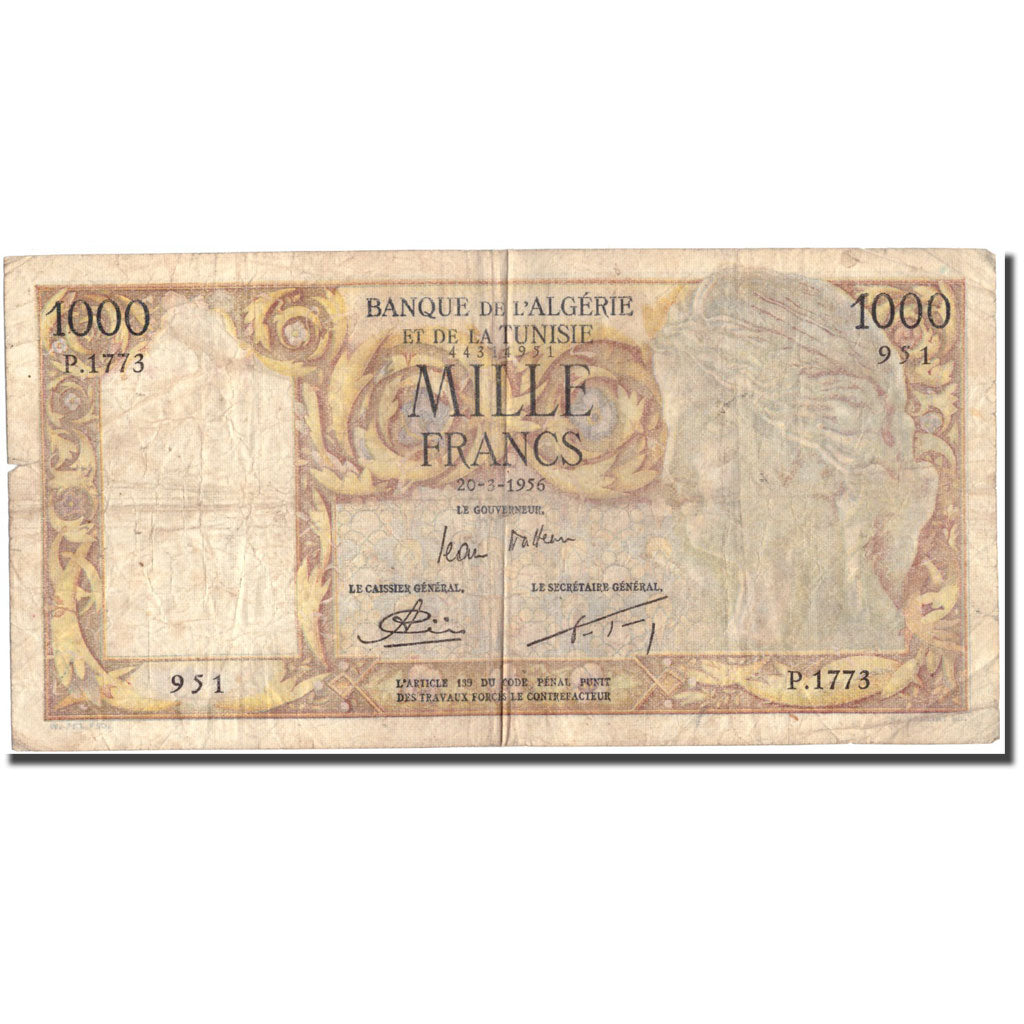 Nota, Argélia, 1000 Francs, 1956, 1956-03-20, KM:107b, VF(20-25)