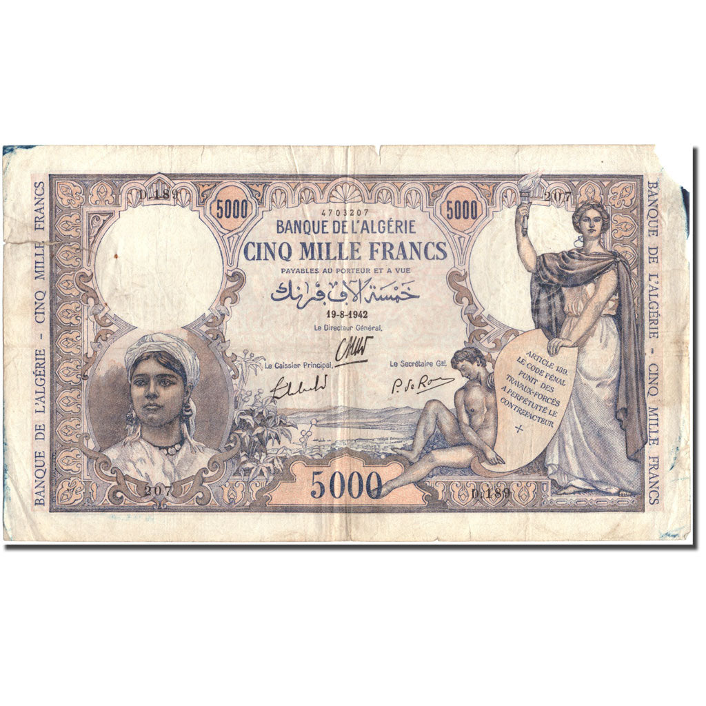 Banknote, Algeria, 5000 Francs, 1942, 1942-08-19, KM:90a, F(12-15)