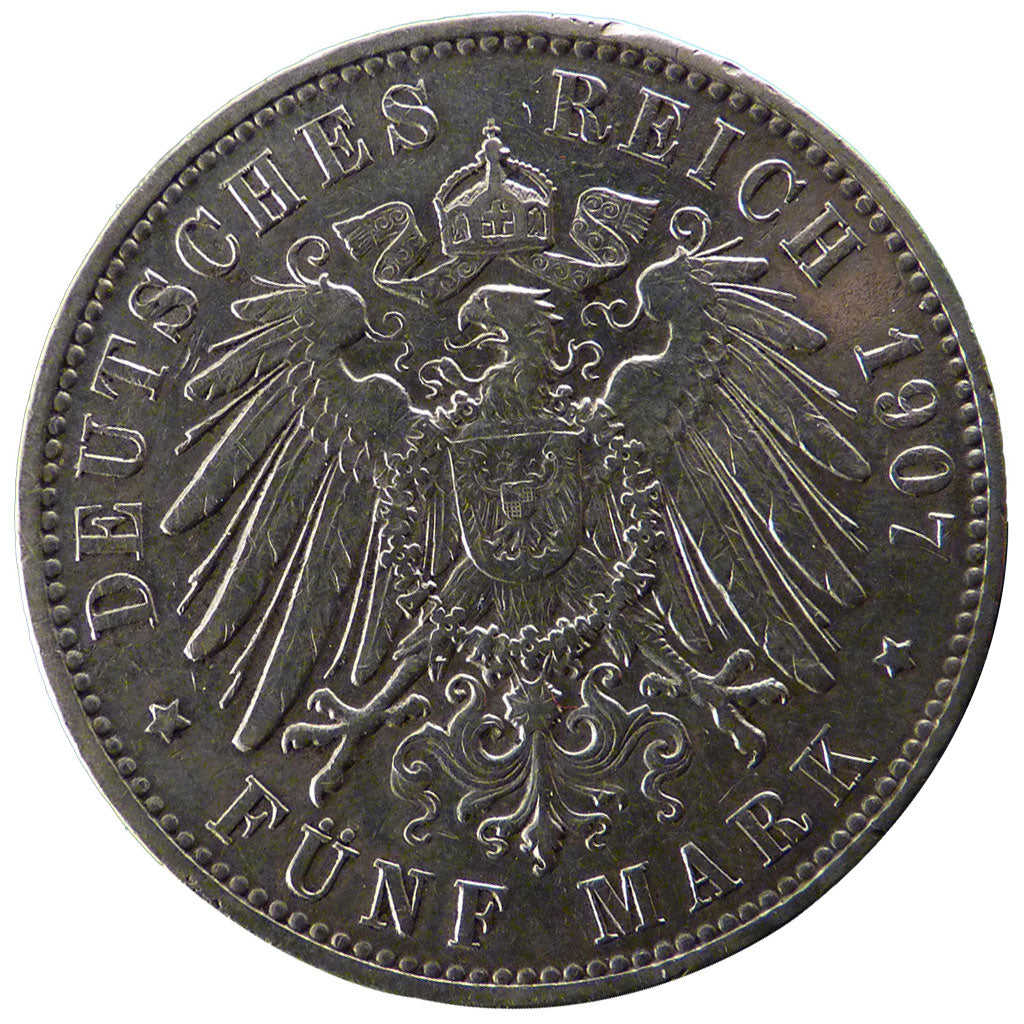 Germany, 5 Mark, 1907, Hambourg, KM #293, VF(30-35), Silver, 27.80