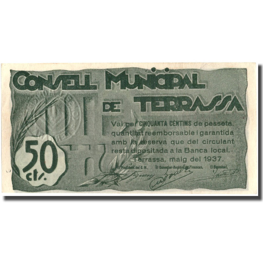 Banknote, Spain, 50 Centimos, N.D, 1937, 1937, TERRASSA, UNC(64)