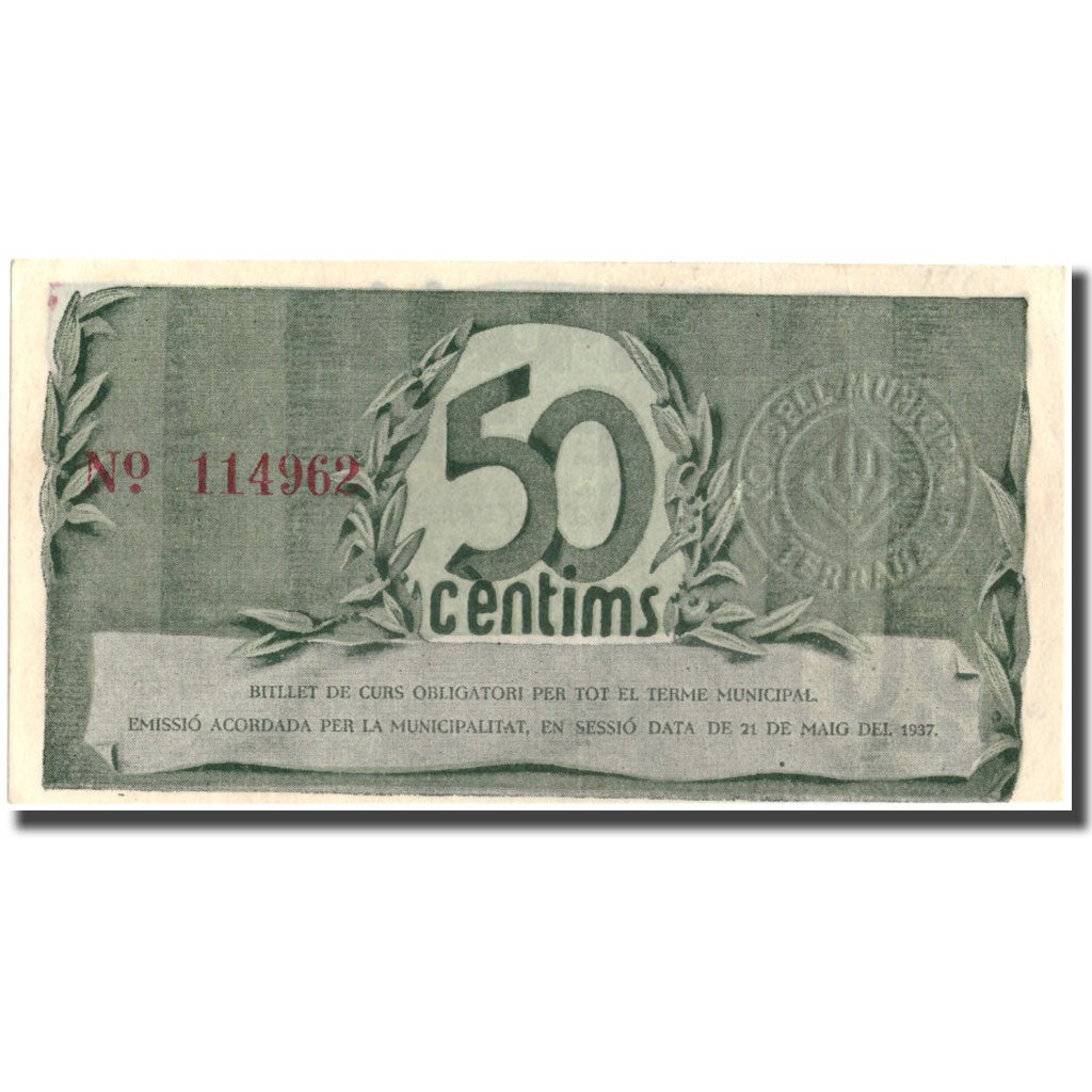 Banknote, Spain, 50 Centimos, N.D, 1937, 1937, TERRASSA, UNC(64)
