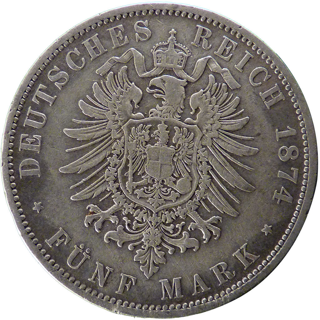 GERMAN STATES, 5 Mark, 1874, Berlin, KM #503, VF(30-35), Silver, 27.40