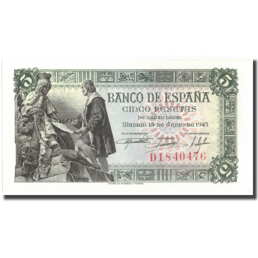 Billete, 5 Pesetas, 1945, España, 1945-06-15, KM:129a, UNC