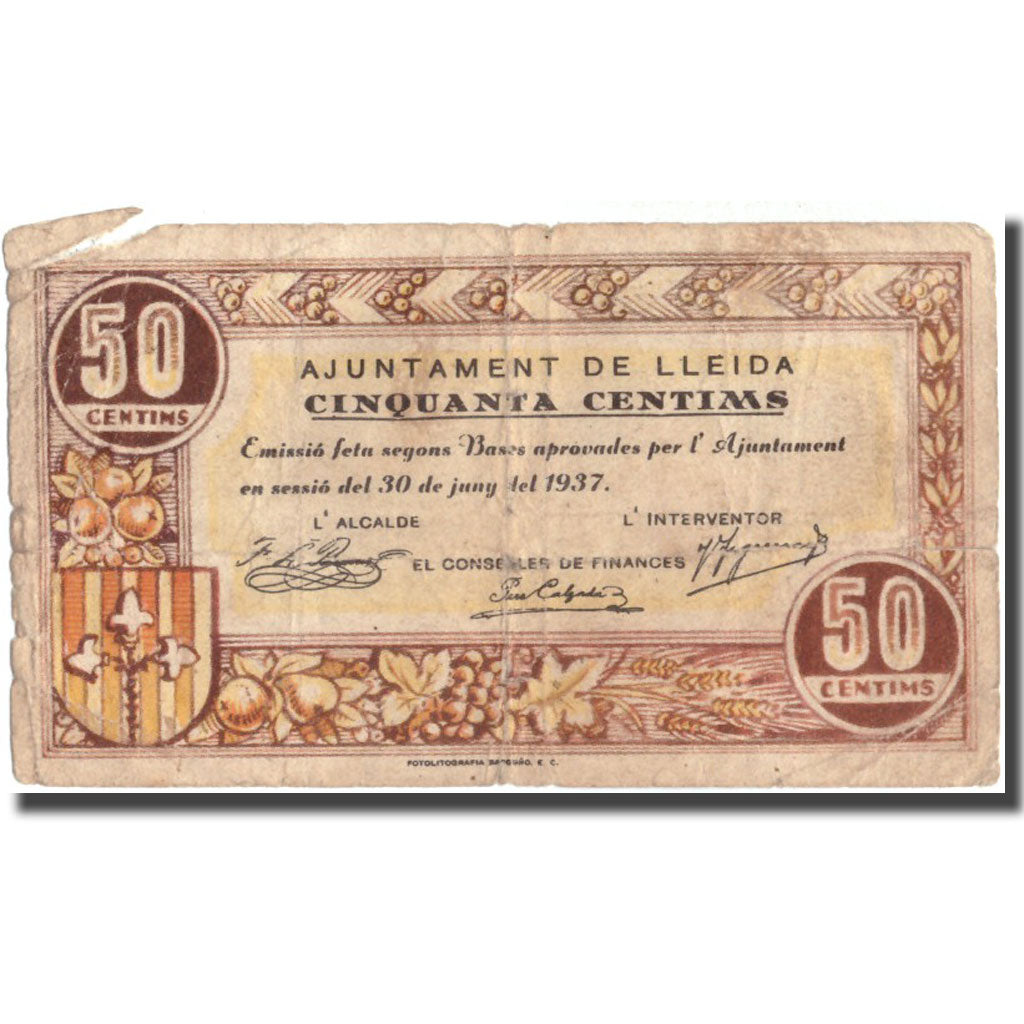 Banknote, Spain, 50 Centimos, N.D, 1937, 1937-06-30, LLEIDA, VF(20-25)