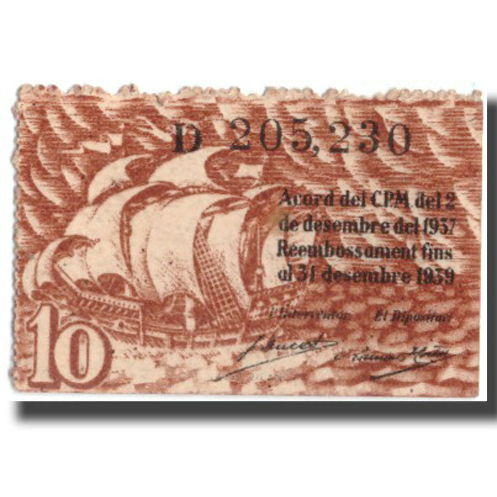 Banknote, Spain, 10 Centimos, N.D, BARCELONA, 1937-12-12, AU(55-58)