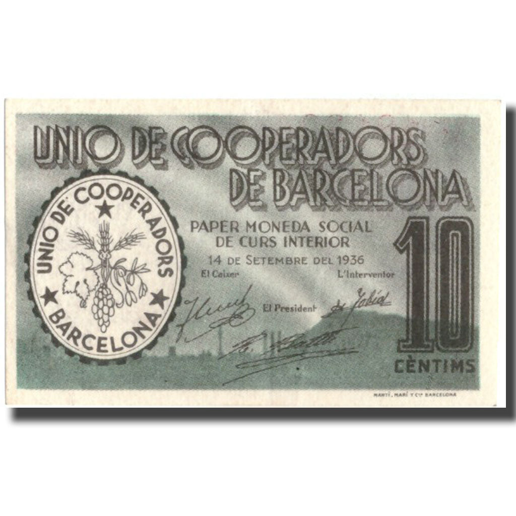 Banknote, Spain, 10 Centimos, N.D, BARCELONA, 1936-09-14, UNC(63)