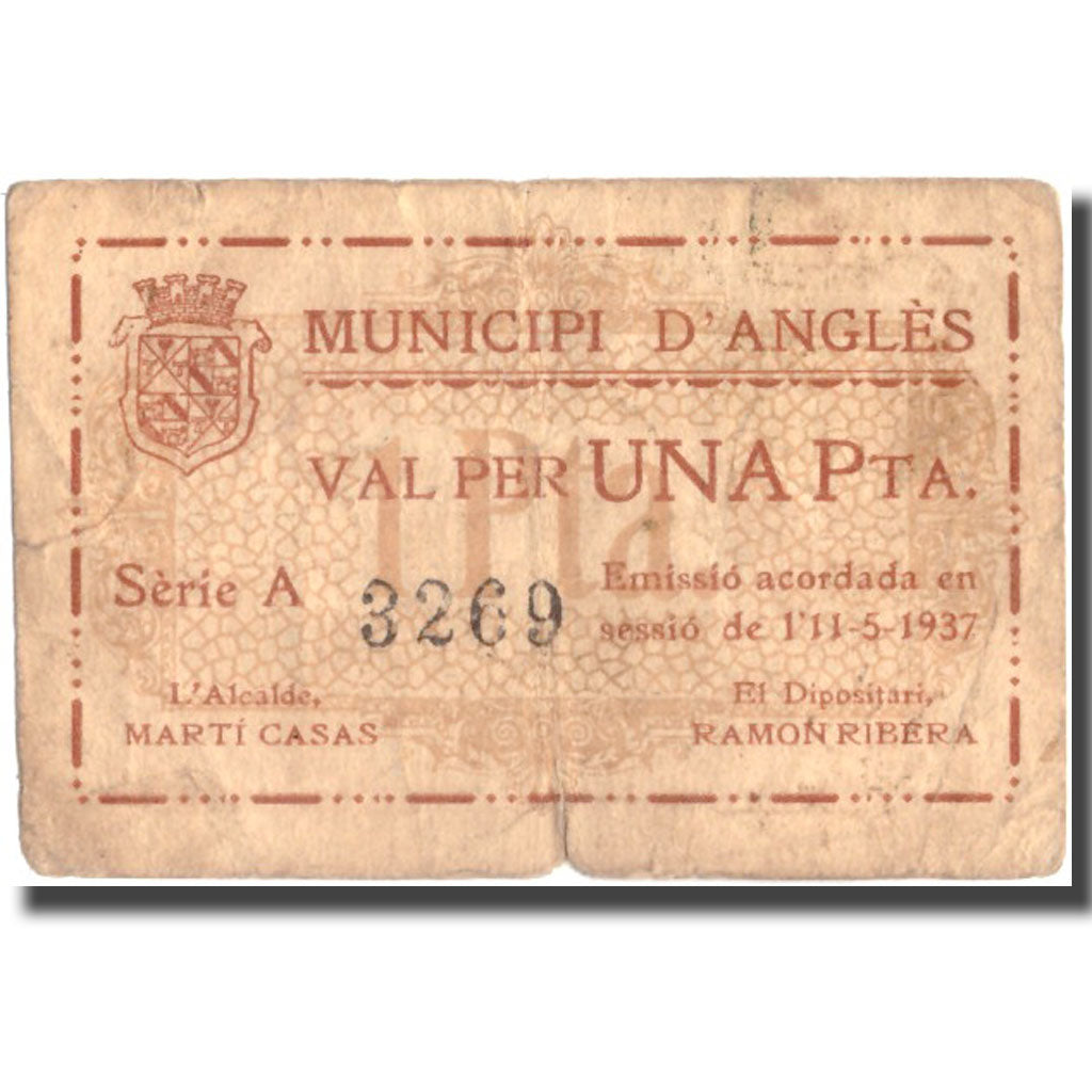 Geldschein, Spanien, 1 Peseta, Blason, 1937, 1937, S