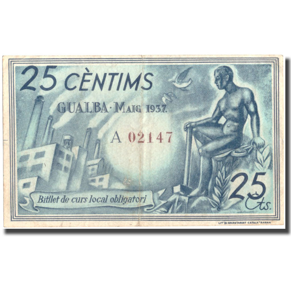 Banknote, Spain, 25 Centimos, GUALBA, personnage, 1937, 1937, EF(40-45)