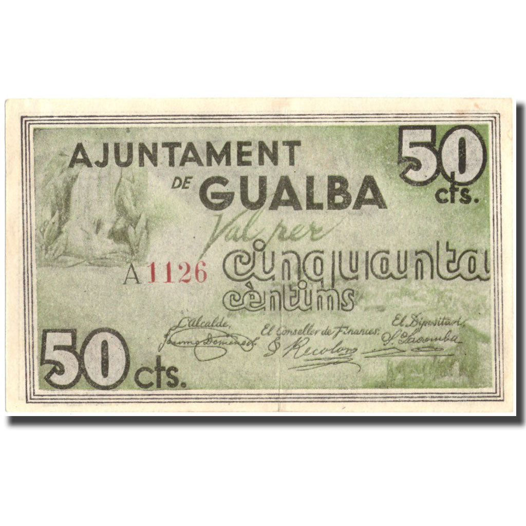 Banknote, Spain, 50 Centimos, personnage, GUALBA, 1937, AU(55-58)