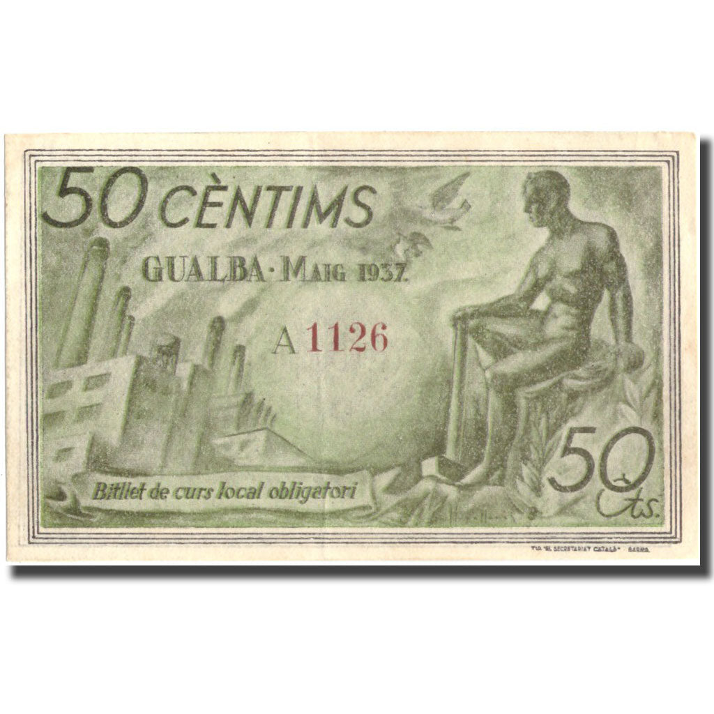 Banknote, Spain, 50 Centimos, personnage, GUALBA, 1937, AU(55-58)