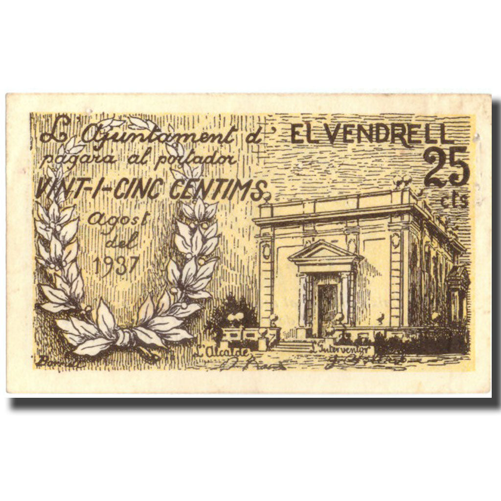 Banknote, Spain, 25 Centimos, EL VENDRELL, Batiment, 1937, 1937, AU(55-58)