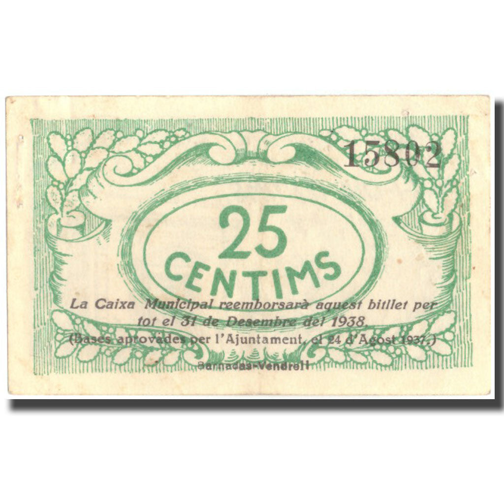 Banknote, Spain, 25 Centimos, EL VENDRELL, Batiment, 1937, 1937, AU(55-58)