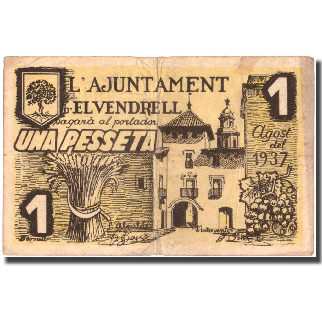 Banknote, Spain, 1 Peseta, EL VENDRELL, Batiment, 1937, 1937, EF(40-45)