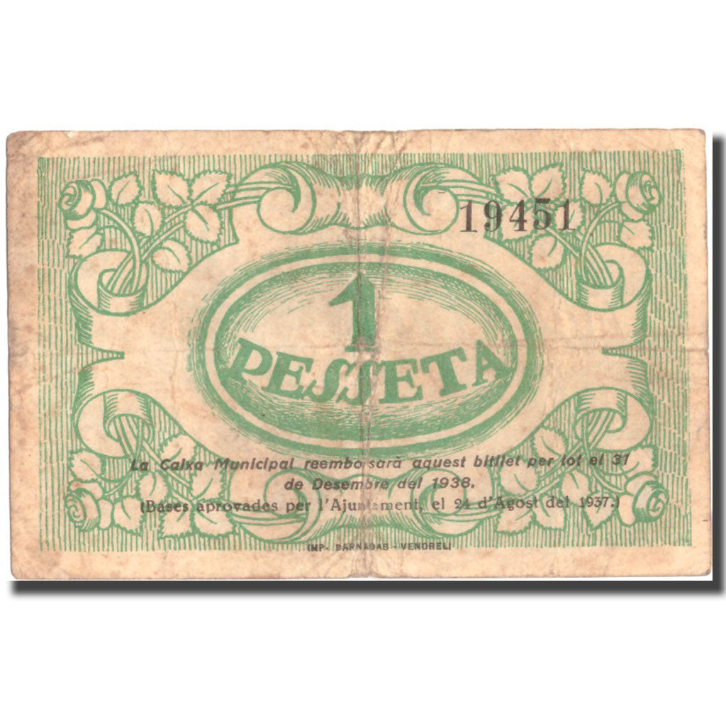 Banknote, Spain, 1 Peseta, EL VENDRELL, Batiment, 1937, 1937, EF(40-45)