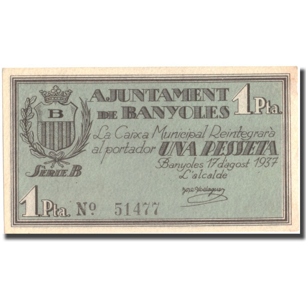 Billet, Espagne, 1 Peseta, BANYOLES, paysage, 1937, 1937, SUP