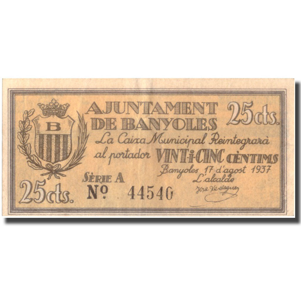Banknote, Spain, 25 Centimos, BANYOLES, Blason, 1937, 1937, AU(50-53)