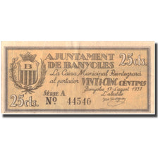 Banknote, Spain, 25 Centimos, BANYOLES, Blason, 1937, 1937, AU(50-53)