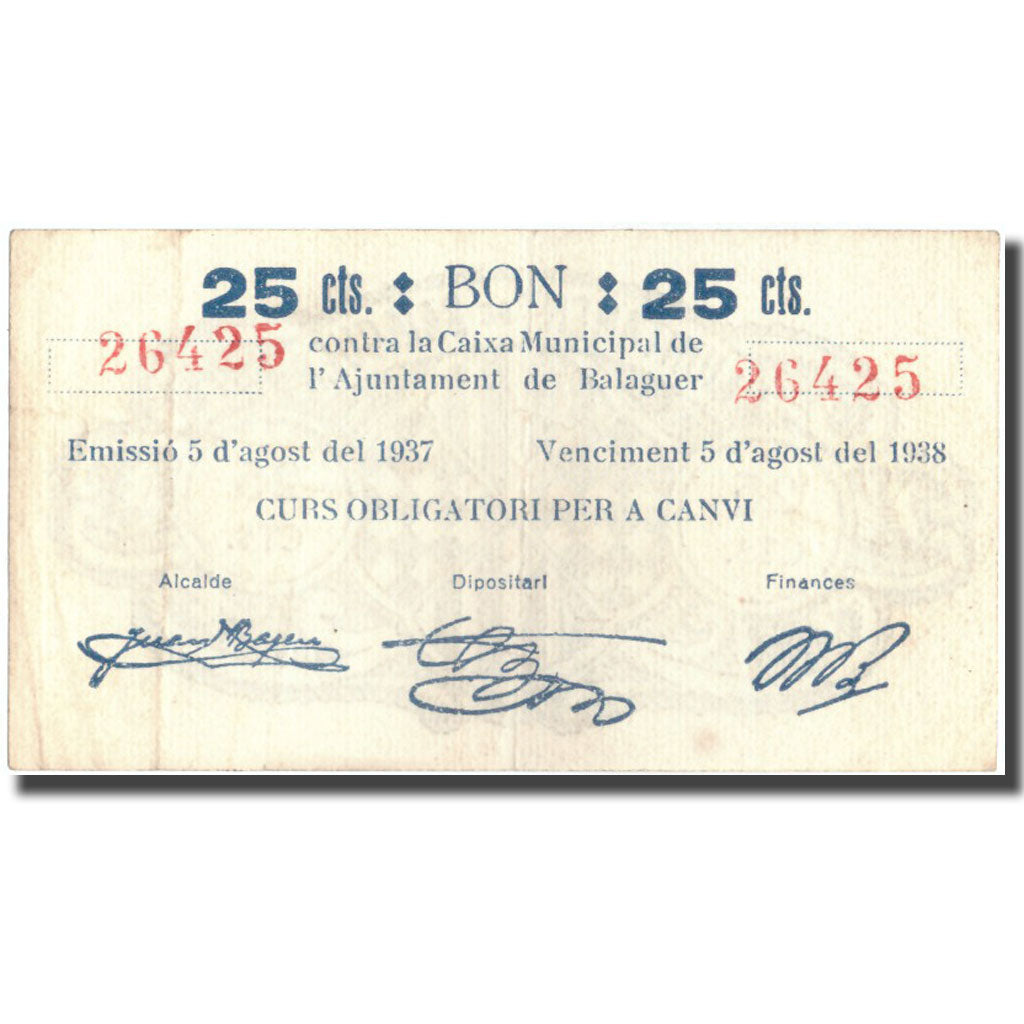 Banknote, Spain, 25 Centimos, BALAGUER, Blason, 1937, 1937, EF(40-45)