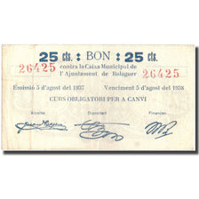 Banknote, Spain, 25 Centimos, BALAGUER, Blason, 1937, 1937, EF(40-45)