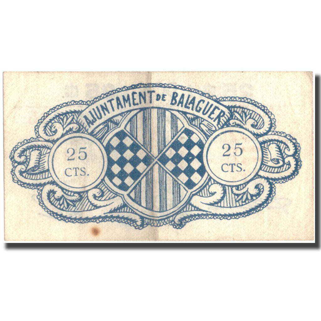 Banknote, Spain, 25 Centimos, BALAGUER, Blason, 1937, 1937, EF(40-45)