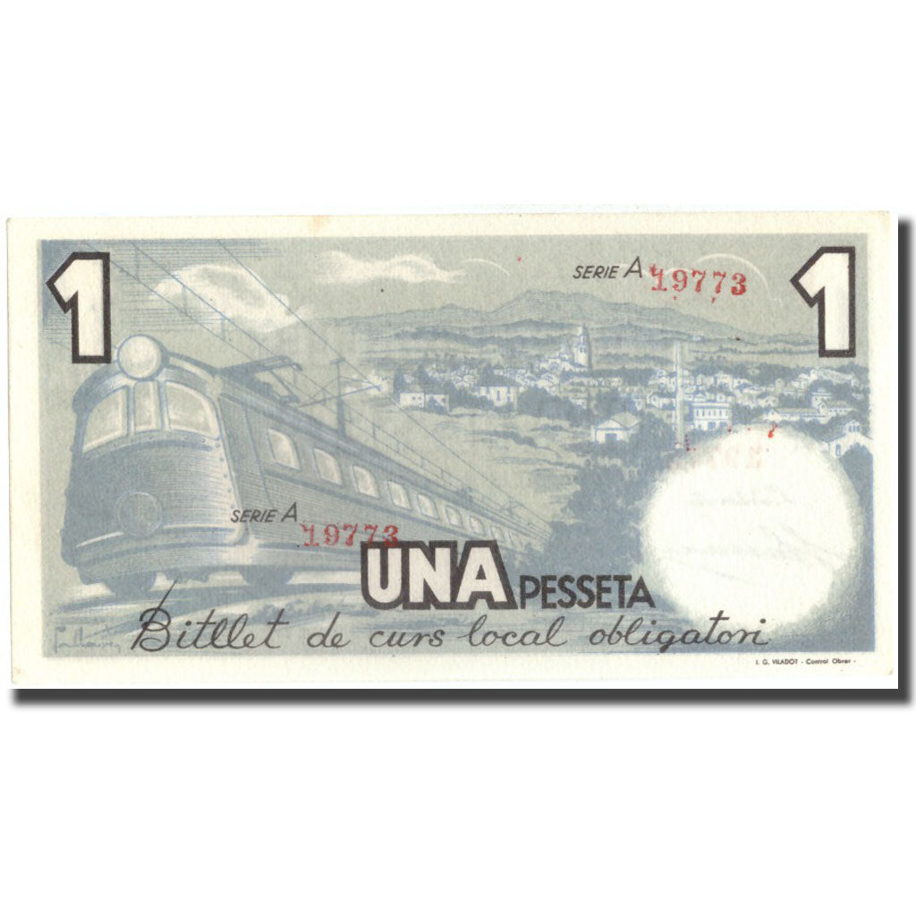 Banknote, Spain, 1 Peseta, train, PINS DEL VALLES, 1937, 1937, UNC(64)