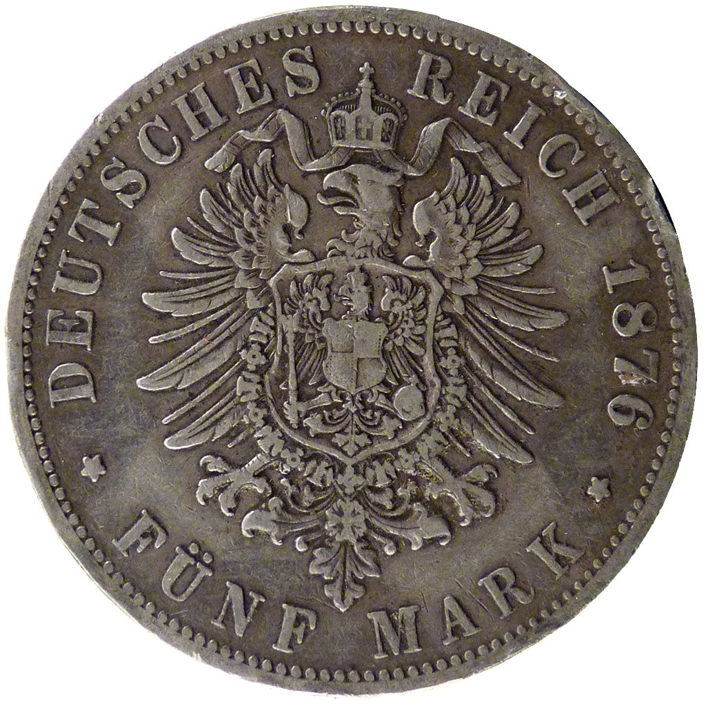 GERMAN STATES, 5 Mark, 1876, Hannover, KM #503, VF(20-25), Silver, 27.40