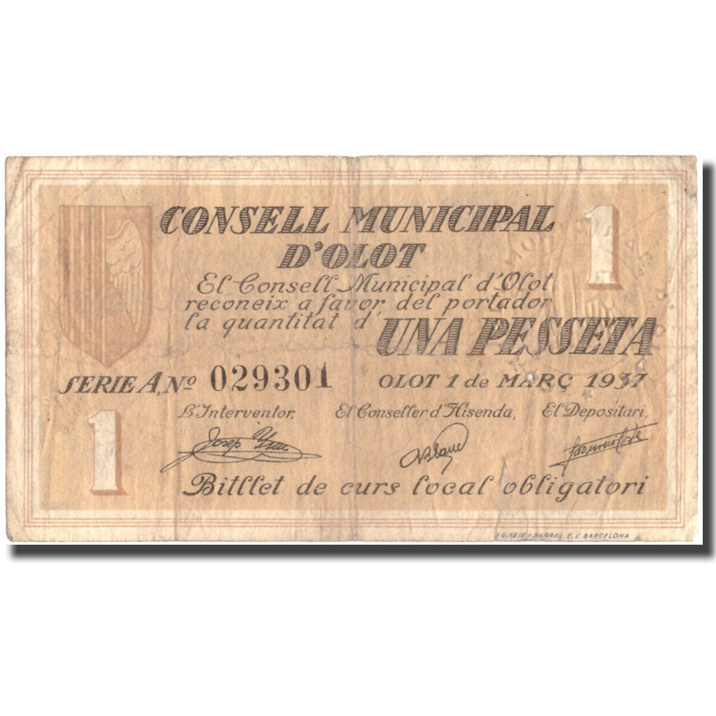 Banknote, Spain, 1 Peseta, Blason, OLLOT, 1937, EF(40-45)